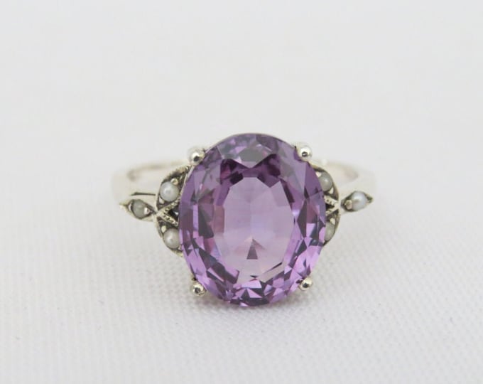Vintage Sterling Silver Alexandrite & Seed Pearl Ring Size 7