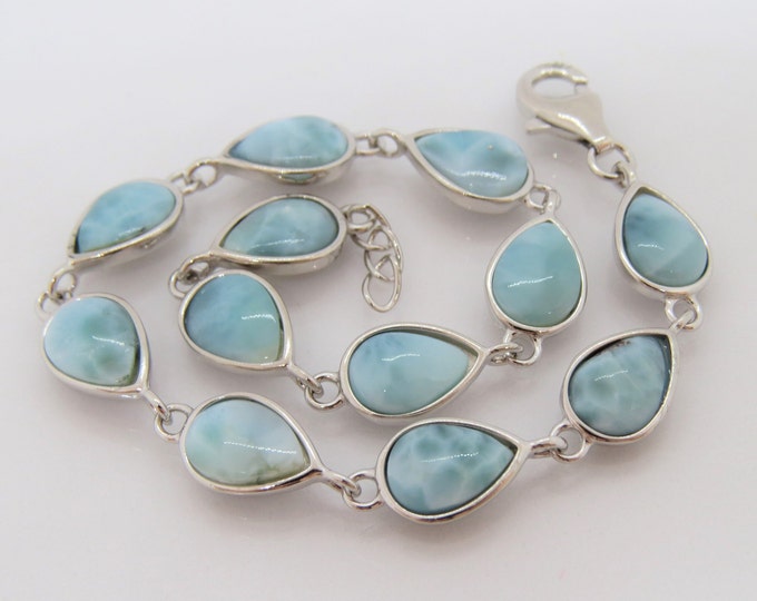 Vintage Sterling Silver Natural Pear cut Larimar Link Bracelet 7 6/8''