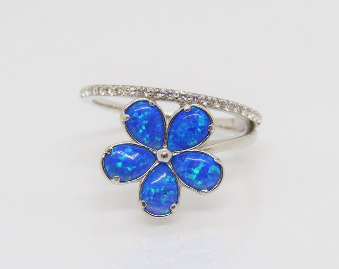 Sterling Silver Blue Opal & White Topaz Flower Ring Size 7