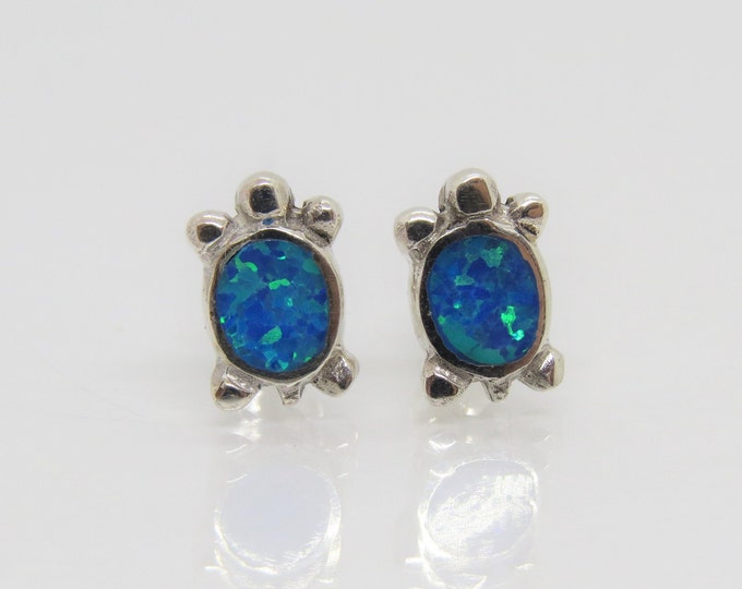Vintage Sterling Silver Blue Opal Turtle Stud Earrings