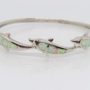 Vintage Sterling Silver White Opal Dolphin Oval Bangle Bracelet 8''