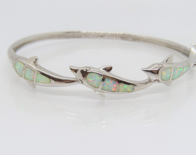 Vintage Sterling Silver White Opal Dolphin Oval Bangle Bracelet 8''