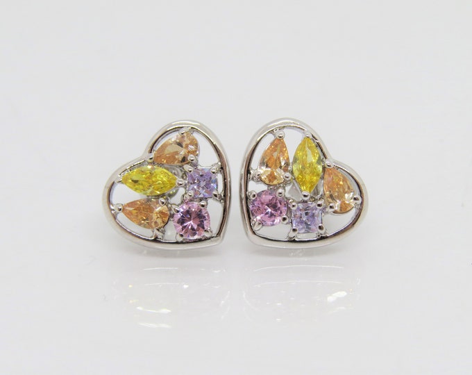 Vintage Sterling Silver Mixed Gemstones Heart Earrings