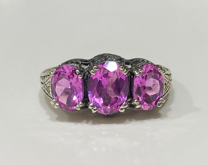 Vintage Sterling Silver Oval Pink Sapphire Three Stone Ring Size 8