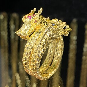 Vintage 15K gult guld dubbel drakring safir & rubin, storlek 10.5
