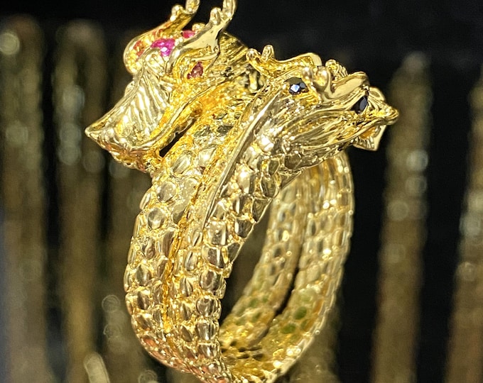 Vintage 15K 610 Solid Yellow Gold Black Sapphire & Ruby Double Dragon Head Ring Size 10.5