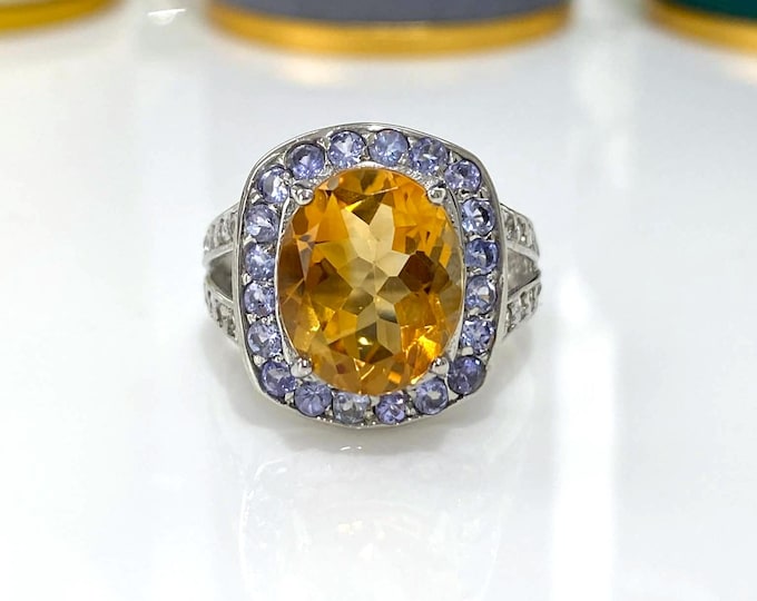 Vintage Sterling Silver Oval cut Natural Citrine & Tanzanite Ring Size 7 1/2.