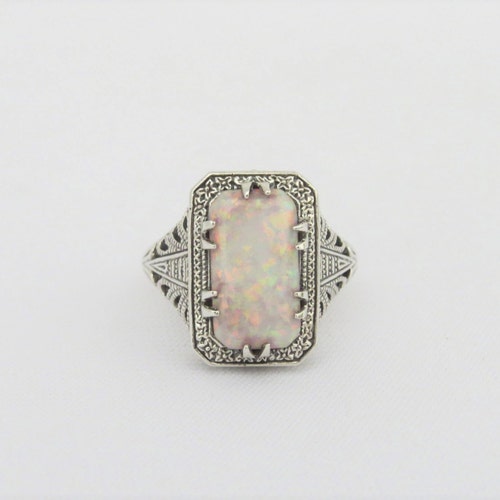 Vintage Sterling Silver Emerald Cut White Opal Filigree Ring - Etsy