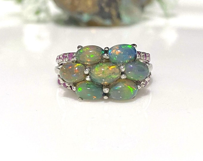 Vintage Sterling Silver Natural Oval cut Black Fire Opal & Ruby Ring Size 7.5