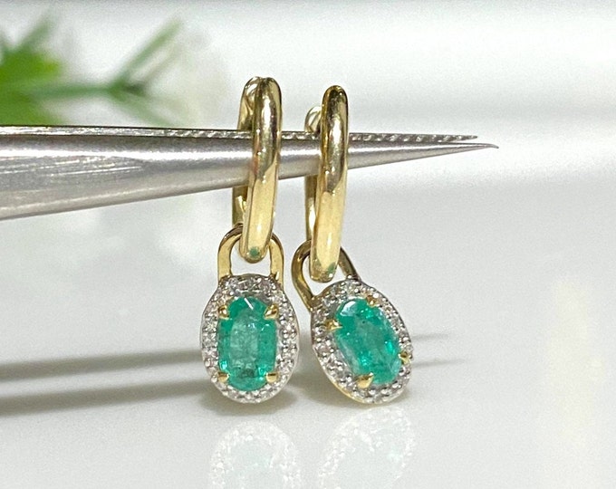 Vintage 14K Solid Yellow Gold Genuine Emerald & Diamond Hoop Earrings.