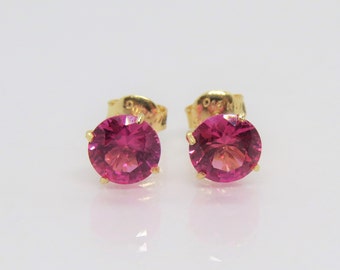 Vintage 18K Solid Yellow Gold 2.56ct Round cut Pink Sapphire Earrings 7MM,8MM