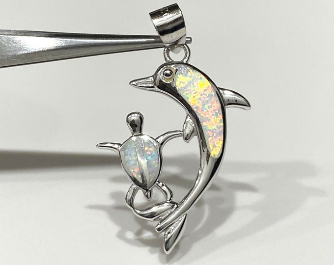 Vintage Sterling Silver White Opal Dolphin & Turtle Pendant.