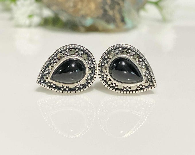 Vintage Sterling Silver Pear cut Black Onyx & Marcasite Earrings