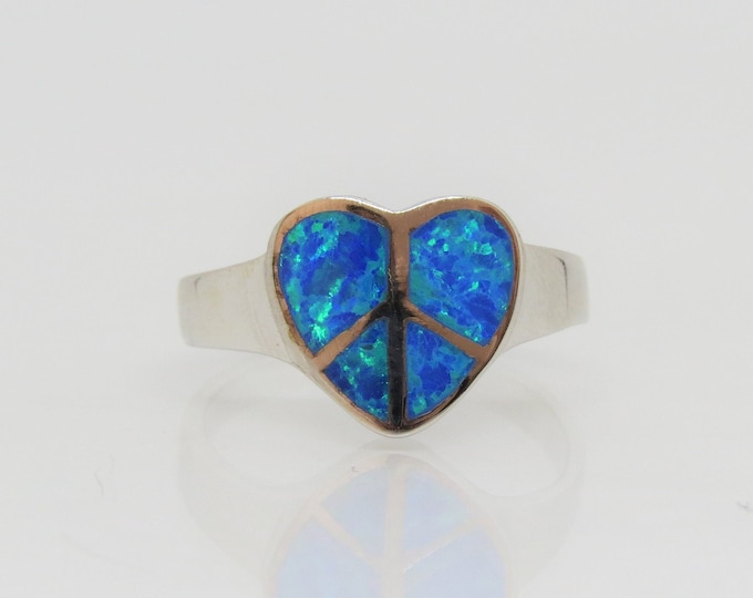 Vintage Sterling Silver Blue Opal Peace Sign Heart Ring Size 8