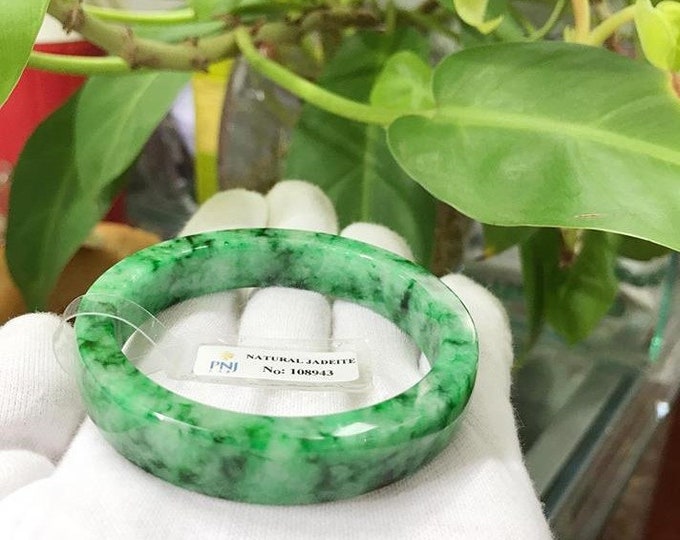Vintage Translucent Natural Green, White Jadeite Jade Bangle Bracelet 56.8MM
