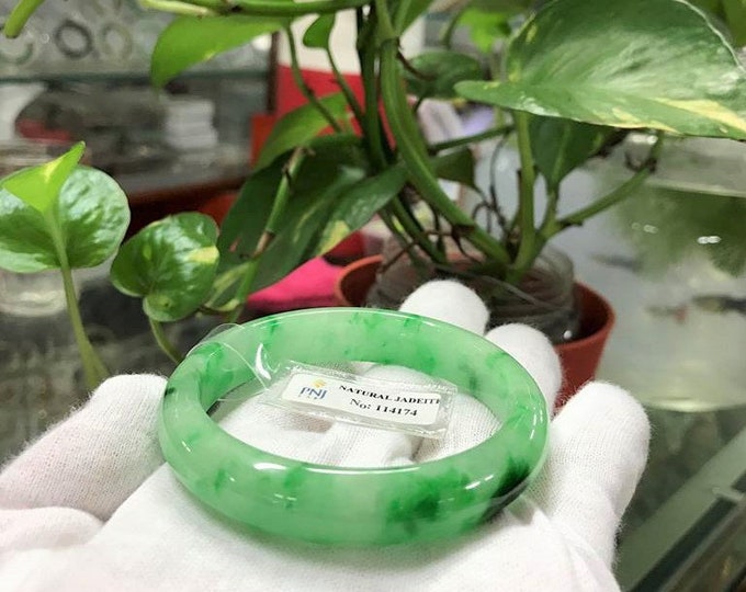 Vintage Translucent Natural Floral Green, White Jadeite Jade Bangle Bracelet 54MM