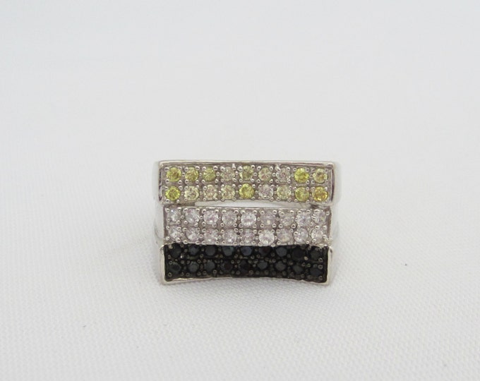 Vintage Sterling Silver Black Sapphire, White Topaz & Citrine Pave Ring Size 8.25