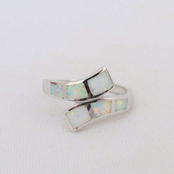 Vintage Sterling Silver White Opal Bypass Band Ri… - image 1