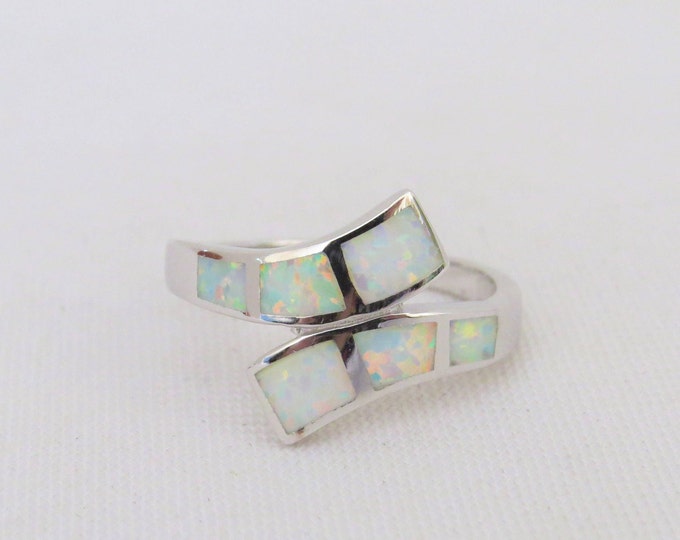 Vintage Sterling Silver White Opal Bypass Band Ring Size 7