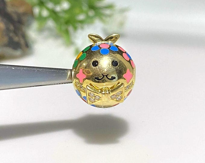 Vintage 14K Solid Yellow Gold Enamel Black Sapphire & White Topaz Charm, Pendant. Make for Bracelet.