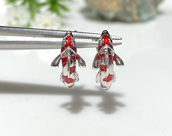 Sterling Silver Red Enamel & White Topaz Fish, Koi fish Earrings.