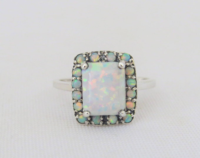 Vintage Sterling Silver Emerald cut Fire Opal Engagement Ring Size 8