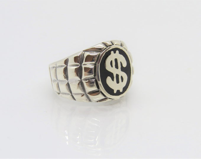 Vintage Sterling Silver Inlay Black Onyx Money Dollar Sign Mens Ring Size 9