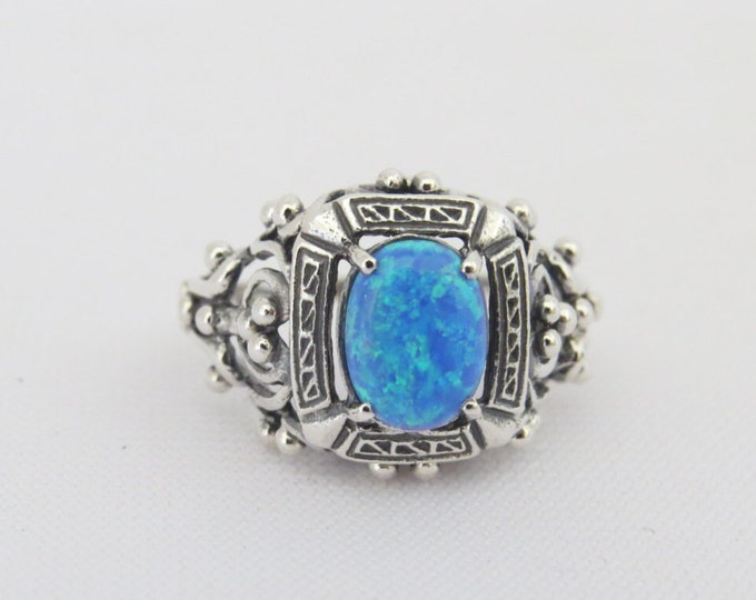 Vintage Sterling Silver Blue Opal Filgree Ring Size 6