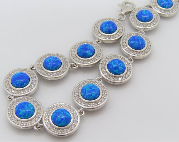 Vintage Sterling Silver Blue Opal & White Topaz Link Bracelet 7 1/2''