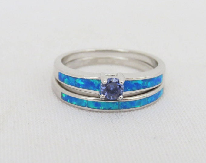 Sterling Silver Tanzanite & Inlay Blue Opal Ring Set Size 5