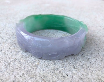 Lavanda translúcida, jadeíta verde jade dragón tallado Phoenix brazalete vintage 58MM