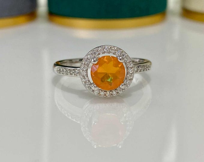Vintage Sterling Silver Natural Orange Fire Opal Ring Size 6 3/4
