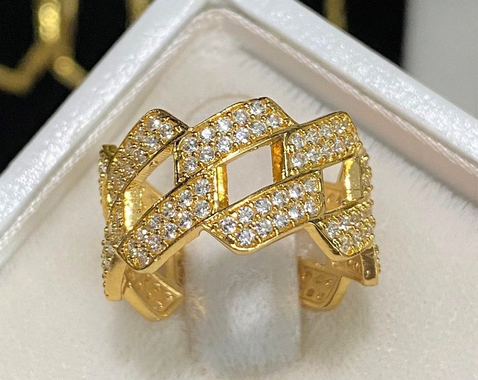 Vintage 15K 610 Solid Yellow Gold White Topaz Cuban Link Ring Size 8