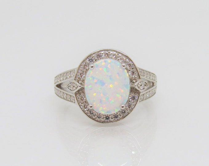 Vintage Sterling Silver White Opal & White Topaz Halo Ring Size 10