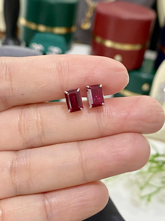 Vintage 14K Solid White Gold Rectangular Ruby Ear… - image 9
