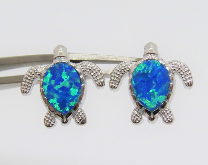 Vintage Sterling Silver Blue Opal Turtle Earrings