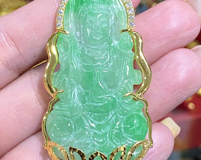 Vintage 18K Solid Gold Natural Green Jadeite Jade & White Topaz Kwan Yin Buddha Pendant Phat Ba Quan Am