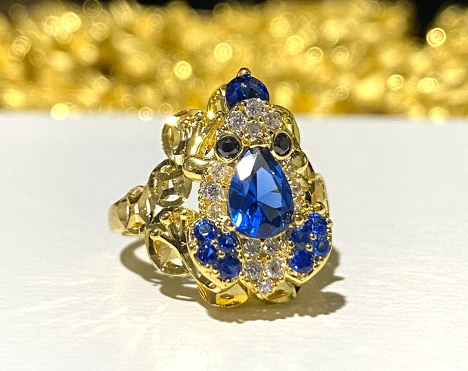 Vintage 15K 610 Solid Yellow Gold Blue Sapphire & White Topaz Frog Ring