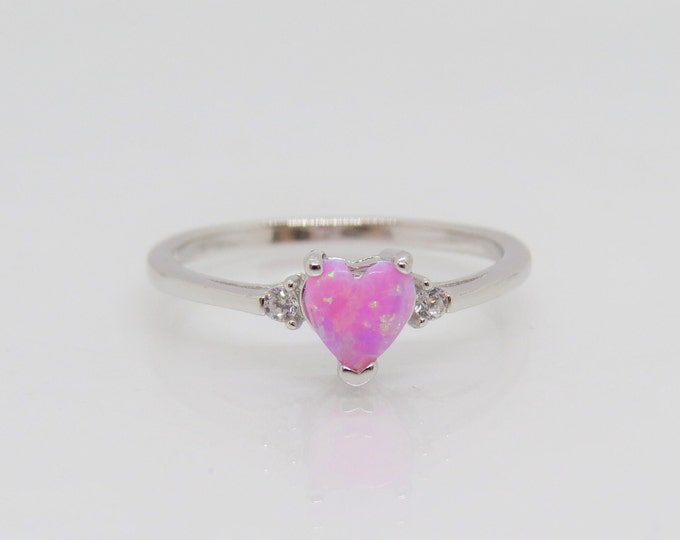 Vintage Sterling Silver Pink Opal & White Topaz Heart Ring Size 9