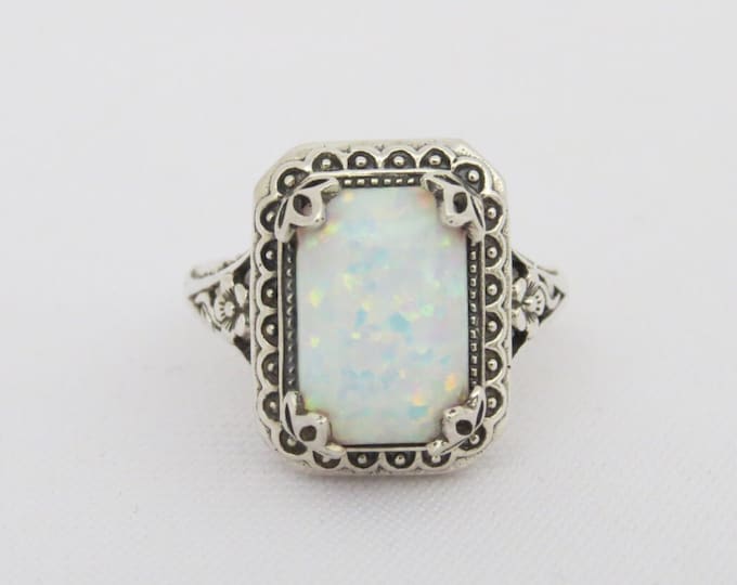 Vintage Sterling Silver White Opal Carved Flower Ring Size 9