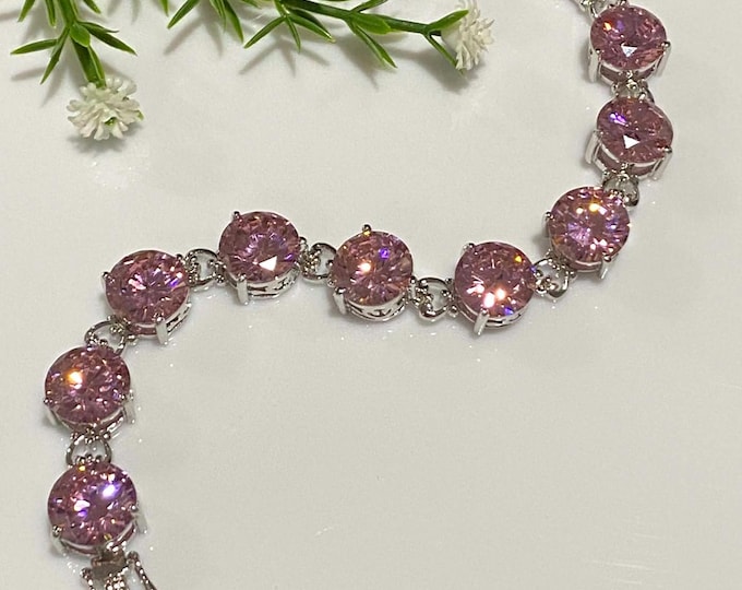 Vintage Sterling Silver Round cut Pink Sapphire Link Bracelet 7''