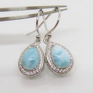 Sterling Silver Pear cut Larimar & White Topaz Dangle Earrings
