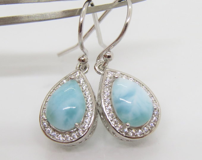 Sterling Silver Pear cut Larimar & White Topaz Dangle Earrings