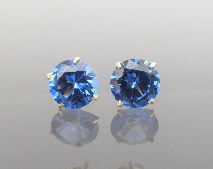 Vintage 18K Solid Yellow Gold 7.74ct Round cut Blue Topaz Stud Earrings 6MM,7MM,10MM