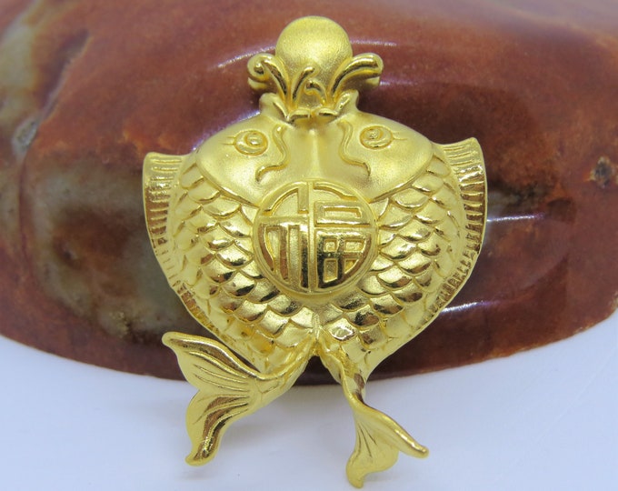 9999 Pure 24k Gold 3D Double Koi Fish Vintage Pendant
