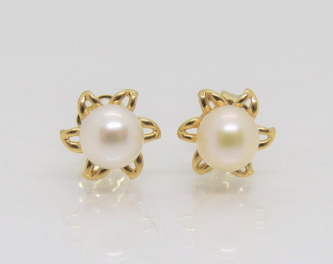 Vintage 14K Solid Yellow Gold Pearl Sun Stud Earrings