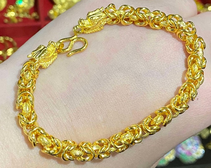 Vintage 24K Solid Gold Dragon Heads Link Chain Heavy Gold Bracelet 7 1/2''