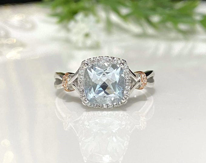 Vintage Sterling Silver Natural Aquamarine & White Sapphire Solitaire Ring Size 7