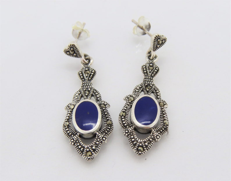 Orecchini A Goccia Gemondo In Argento 925 Con Lapislazzuli 2ct E Marcasite - Art Déco