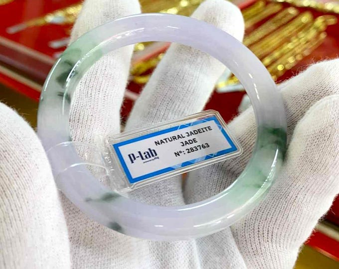 Vintage Translucent Natural Green, Lavender, White Jadeite Jade Bangle Bracelet 52.5MM